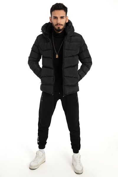 Firststops Men's Black Hooded Fleece Inside Waterproof Windproof Puffer Jacket & Coat & Parka