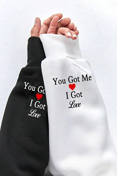 Wish BF Kadın Erkek I Got Love Kol Baskılı Kapüşonlu 2'li Sevgili Çift Kombin...