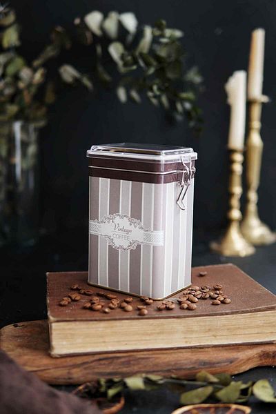 EVLE Er043-7a Elegance Coffee Patterned Rectangular Metal Storage Container 8x10 Cm