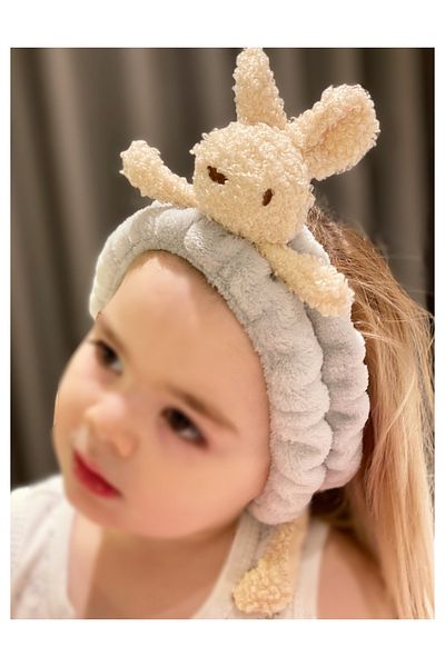QUEEN AKSESUAR 3D Soft Plush Fluffy Toy - Baby Kids Bunny Bandana Headband, Stretchy Grey