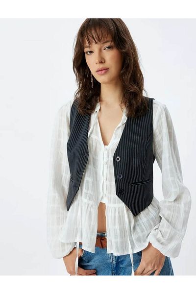 Koton V-neck Buttoned Vest - Regular Fit with Pockets