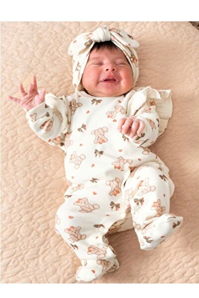 Cherub Baby Heart Teddy Bear Printed Baby Double Jumpsuit Set
