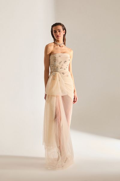 BETTY & SAM Olivia Stone Embroidered Ecru Tulle Dress