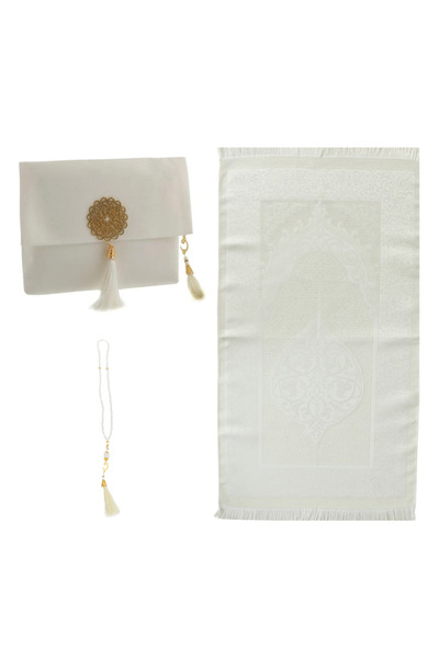Modish Group Taffeta Prayer Rug with Slub Pouch and Pearl Vav Prayer Beads Set, Portable Prayer Set