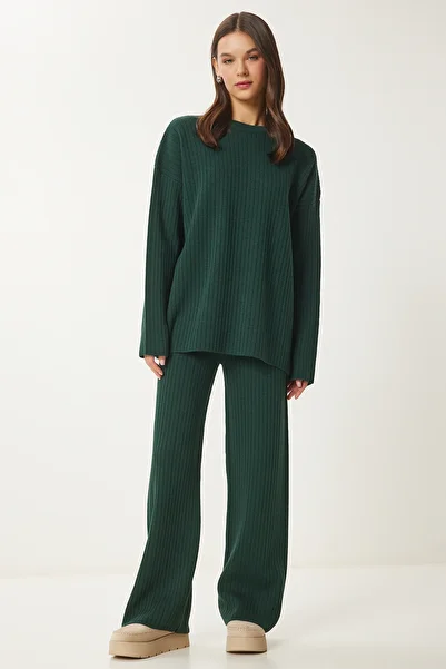 Lovelyİstanbul Emerald Green Ribbed Knitwear Sweater and Pants Set - Lpf0091