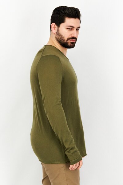 CELIO Men V Neck Long Sleeve Plain Sweatshirts, Olive