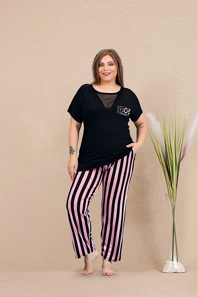 Lady Σετ κοντομάνικη μαύρη πιτζάμα με ροζ ριγέ διχτυωτό γιακά με λεπτομέρειες