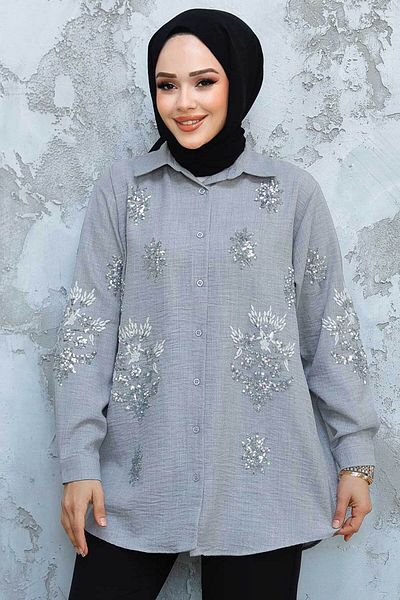 Neva Style Cămașă Hijab Gri Brodată cu margele 45270GR