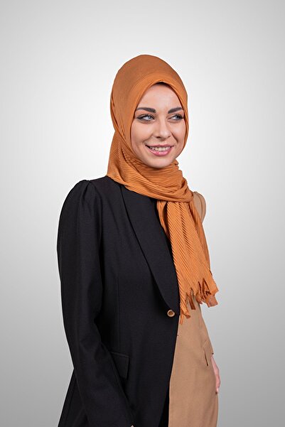 Şalcenneti.com Pratik Pliseli Şal Hazır Geçmeli Organik Açık Kiremit Rengi Sü...