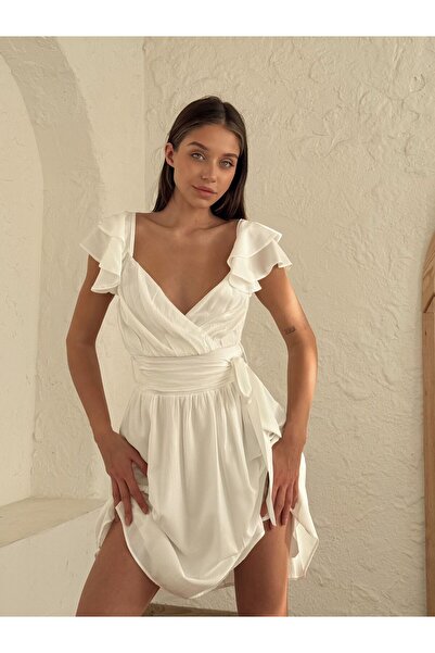 BEAUTY FASHİON Kadın Abiye Uzun Transparan Kol Drapeli Midi Bodycon Tül Elbis...