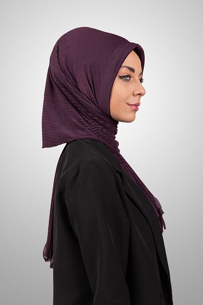 Şalcenneti.com Organic Plum Color Practical Pleated Shawl - Snap-On Sponge Model