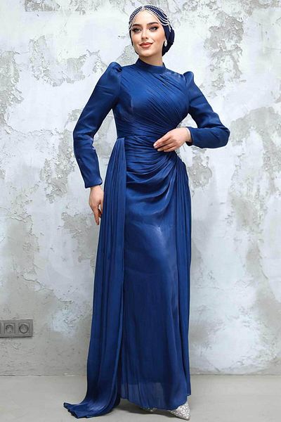 Neva Style Drape Detailed Navy Blue Hijab Evening Dress 4919L