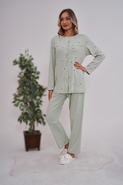 Pelin Women's Green Plus Size (Oversize) Front Button Star Pattern Pajamas Set
