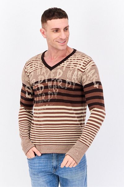 Ed Hardy Men V-neck Striped Long Sleeves Sweater, Brown Combo