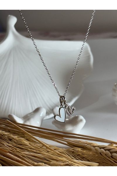 Store Double Steel Women's Necklace with Heart and Zircon Stone