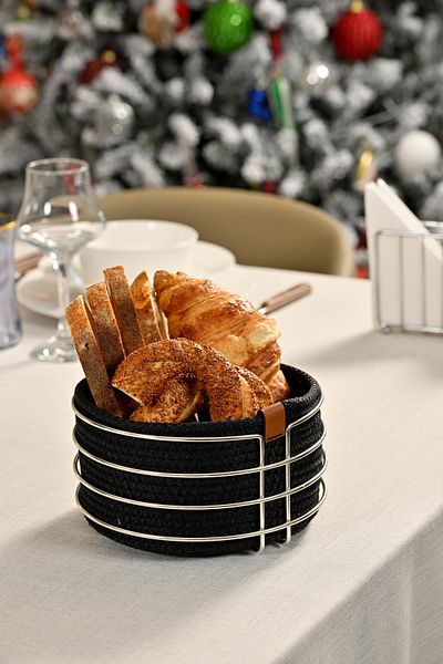 Edora Home Round Bread Basket - Stylish, Black Wicker, Macrame, Stainless Metal, Multi-Purpose