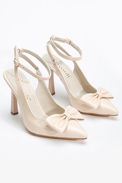 RİSSOLİ Rissoli Women's Beige Cream Skin Patent Leather Bow Heeled Shoes
