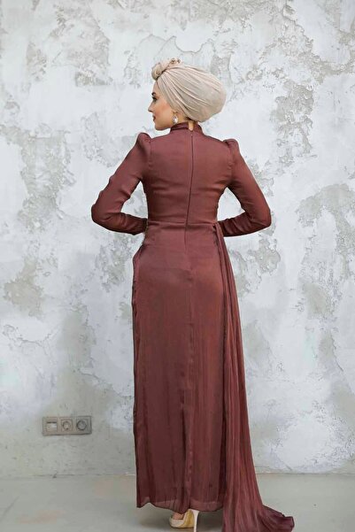 Neva Style -Drape Detailed Brown Hijab Evening Dress 4919Kh