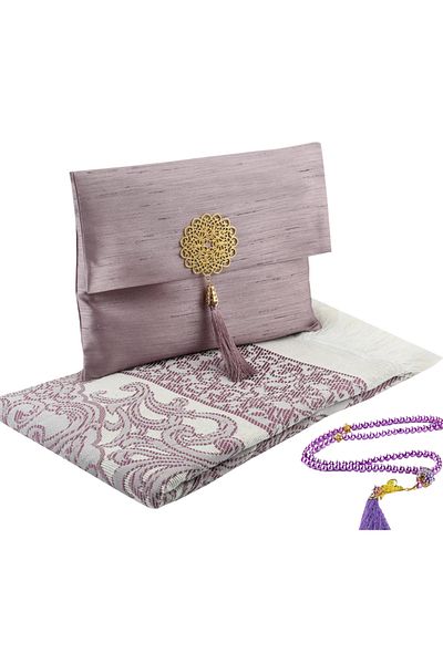 Modish Group Taffeta Prayer Rug with Slub Pouch and Pearl Vav Prayer Beads Set, Portable Prayer Set, Gift Set
