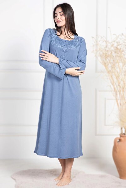 Pelin Women's Indigo Plus Size (Battal) Long Nightgown
