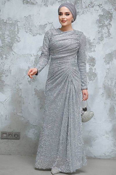 Neva Style Beading Embroidered Grey Hijab Evening Dress 50341Gr