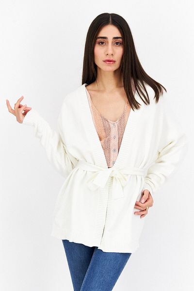 Weworewhat Women Split Neck Belted Textured Cardigan, Ivory