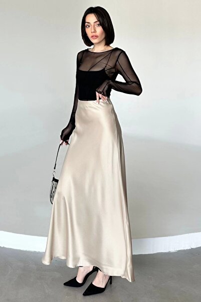 Maude Fusta de damă, bej, din viscoză, din satin, cu fermoar elastic, lungime maxi, linie A