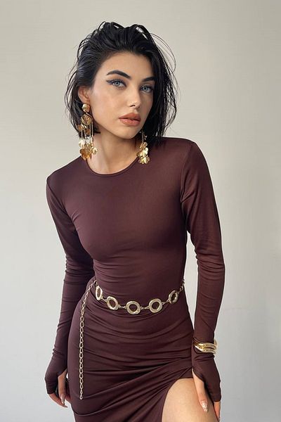 barış sülün lovebox Γυναικείο ελαστικό υφασμάτινο σανδί φόρεμα πλάτης με κορδόνι και κορδόνι με κορδόνια μίντι καφέ φόρεμα 328