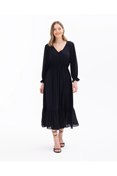 SEÇİL V Yaka Beli Büzgülü Elbise