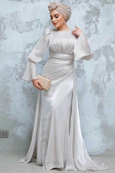 Neva Style Tailed Beige Hijab Evening Dress 4986Beige