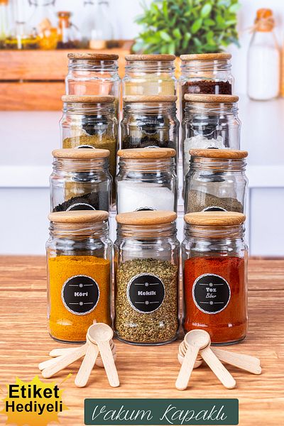 KRM HOME 12-Piece Luxury Spice Set with Wooden Lid and Spoon 320 ml with Waterproof Label Gift