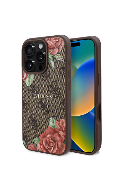Guess iPhone 16 Pro Max Uyumlu Kılıf Guess Lisanslı Magsafe Uyumlu Gül Baskılı 4G Desenli Yazı Logolu