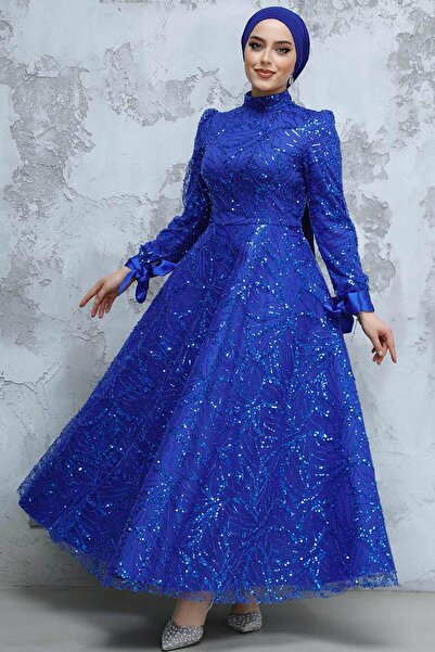 Neva Style Βραδινό φόρεμα με παγιέτες με κεντητό Sax Blue Hijab 4908SX