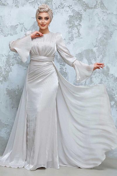 Neva Style Rochie de seară hijab bej cu trenă 4986bej