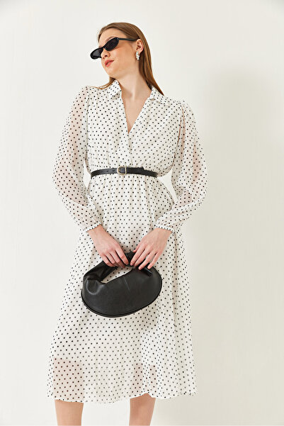 Bianco Lucci Rochie de damă, cu talie elastică, din șifon cu buline, țesute midi 70295 60271032