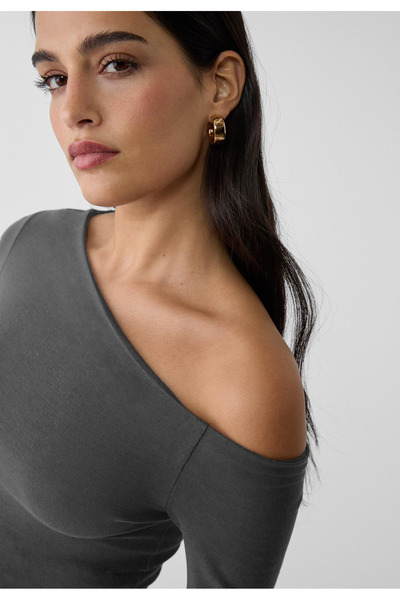 VODENS Anthracite Ασύμμετρη λαιμόκοψη 100% βαμβακερή μπλούζα μπλούζα