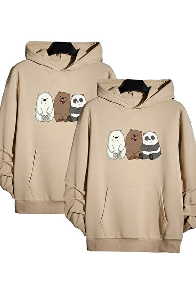 FECCY Pamuklu Unisex Kafadar Ayılar Baskılı Kapüşonlu Sweatshirt 2'li Set Sevgili Arkadaş Çift Kombini