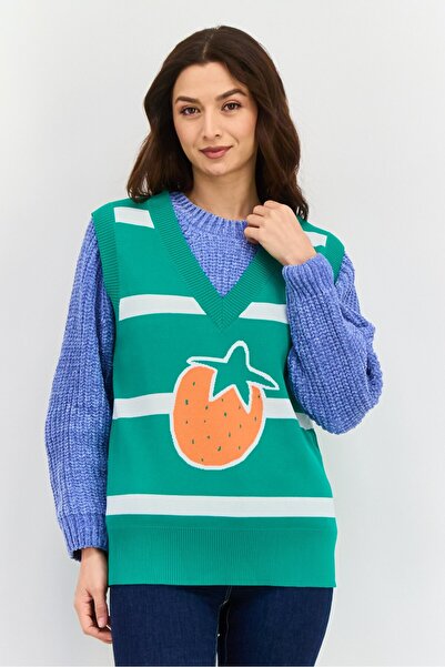 Urban Revivo سترة نسائية مضلعة بفتحة رقبة على شكل حرف V، باللون الأخضر