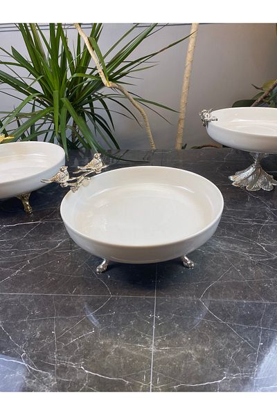 MAY HOME Porcelain Salad Presentation Bowl with Silver Metal Legs and Double Bird Detail