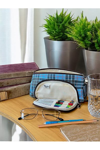 BABUN Ilgaz Blue Plaid - Husă mare și lată pentru creion organic și geantă de machiaj