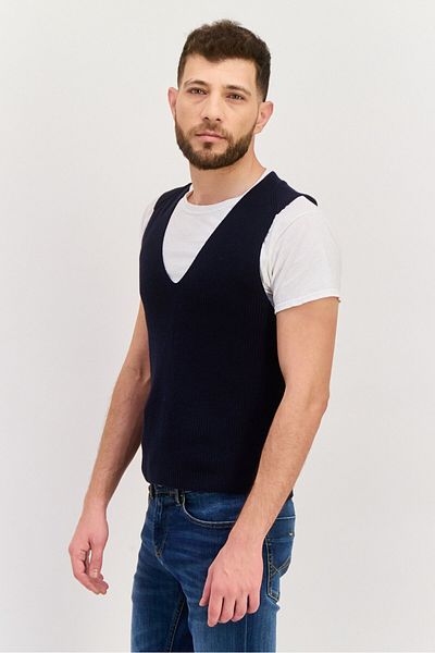 Esprit Men V-neck Sleeveless Knitted Sweater Vest, Navy Blue