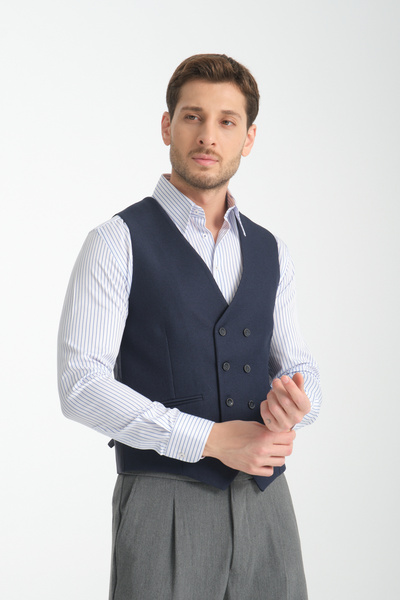 Frappoli Alfredo Dark Dark Blue Straw Fabric Basic Double Breasted V-Neck Slim Fit Vest