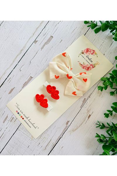 ARDEN HOBİ TASARIM Set of Linen Bow Buckles with Amigurumi Heart Object (3 Pcs)