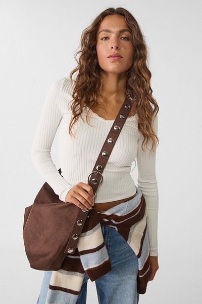 Stradivarius Faux suede bucket bag with strap detail