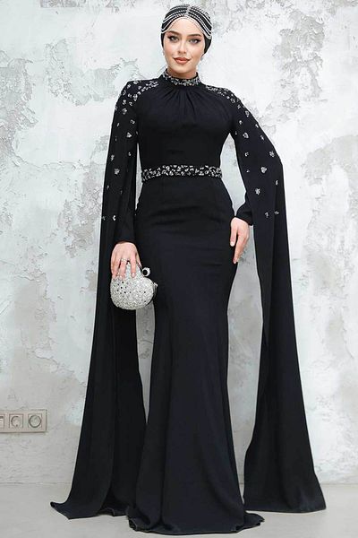 Neva Style Black Hijab Evening Dress with Cape 4863S