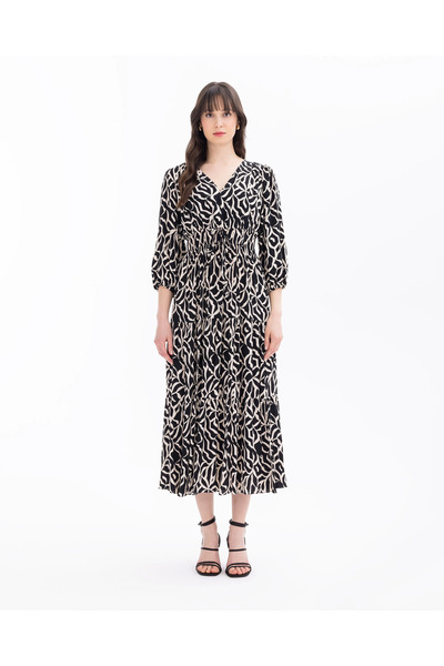 SEÇİL V Yaka Desenli Beli Büzgülü Elbise