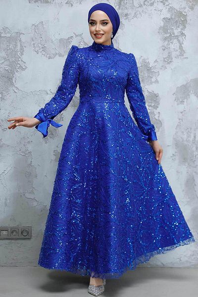 Neva Style Sequin Bead Embroidered Sax Blue Hijab Evening Dress 4908Sx