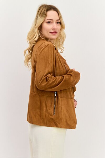 Bagatelle Women Notched Collar Plain Cardigan, Brown