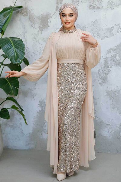 Neva Style Sequined Beige Hijab Evening Dress 50231Beige