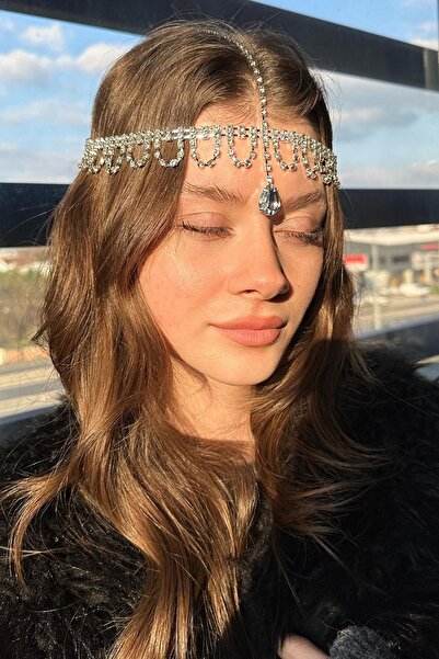 TAKIŞTIR Gümüş Renk Taş Detaylı Alınlık/Kına Aksesuarı